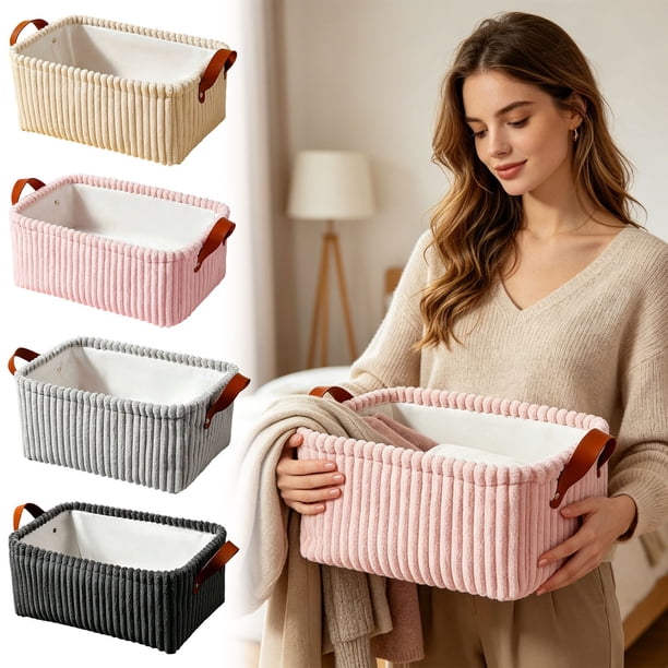 MTBLYS Cesta de almacenamiento con asas de cuero | Organizador de tela suave para el hogar, maquillaje, juguetes y ropa | 36 x 26 x 16 cm