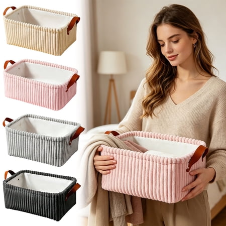 Corduroy Storage Basket Fabric Organizer Bin With Leather Handles for Nursery Toys Clothes Makeup and Home Organization