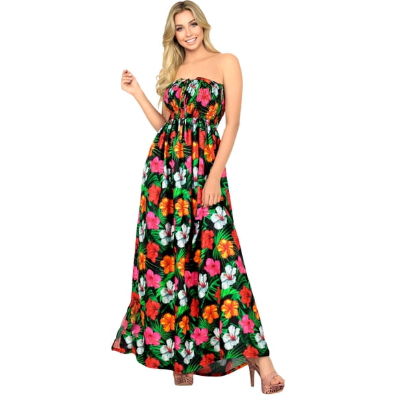 LA LEELA Women's Beach Casual Slit Maxi Strapless Dresses Summer Tube Dress One Size Coal, Floral