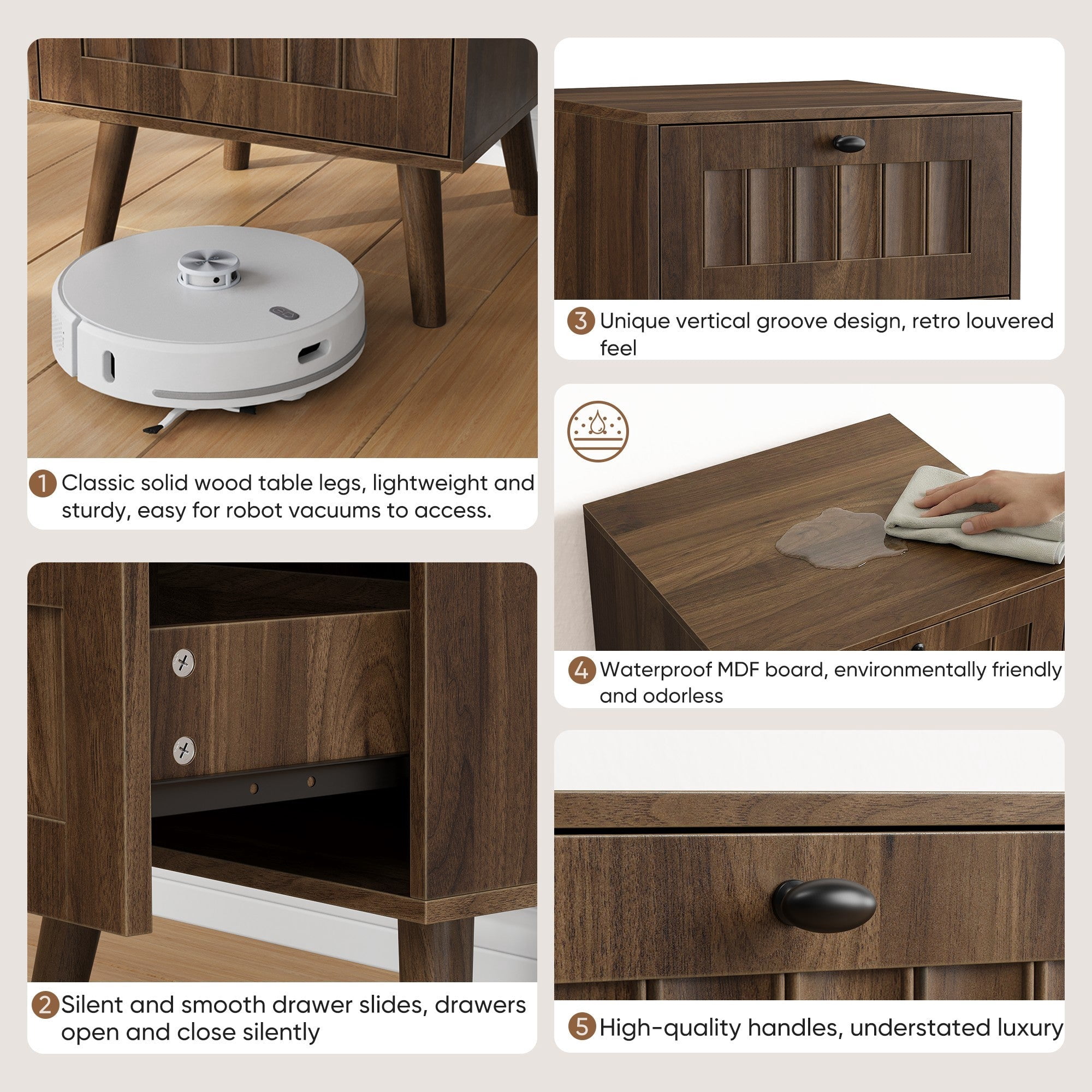 Sailvan Mid-Century Modern Double-Drawer Bedside Table 2-Pack, Walnut with Solid Wood Legs