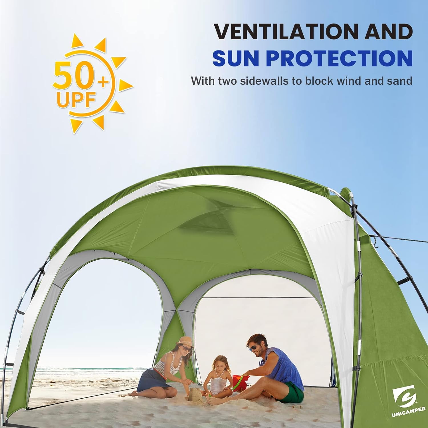 UNP Easy Beach Tent 12 X 12ft Pop Up Canopy UPF50+ Tent with Side Wall, Ground Pegs, and Stability Poles, Sun Shelter Rainproof, Waterproof for Camping Trips, Backyard Fun, Party Or Picnics (Green)