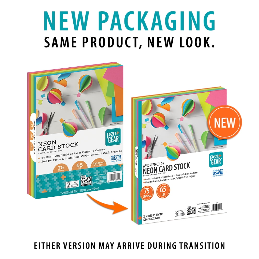 Pen+Gear Assorted Neon Card Stock, 8.5" x 11", 65 lb, 300 Sheets