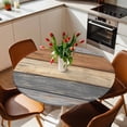 thumbnail image 3 of Farmhouse Haze Blue Brown Fitted Tablecloth with Elastic Edged, Round Table Cloth for Dining Table, Vintage Wooden Striped Waterproof Oil Proof Table Cover for Indoor Outdoor 55"-60", 3 of 8