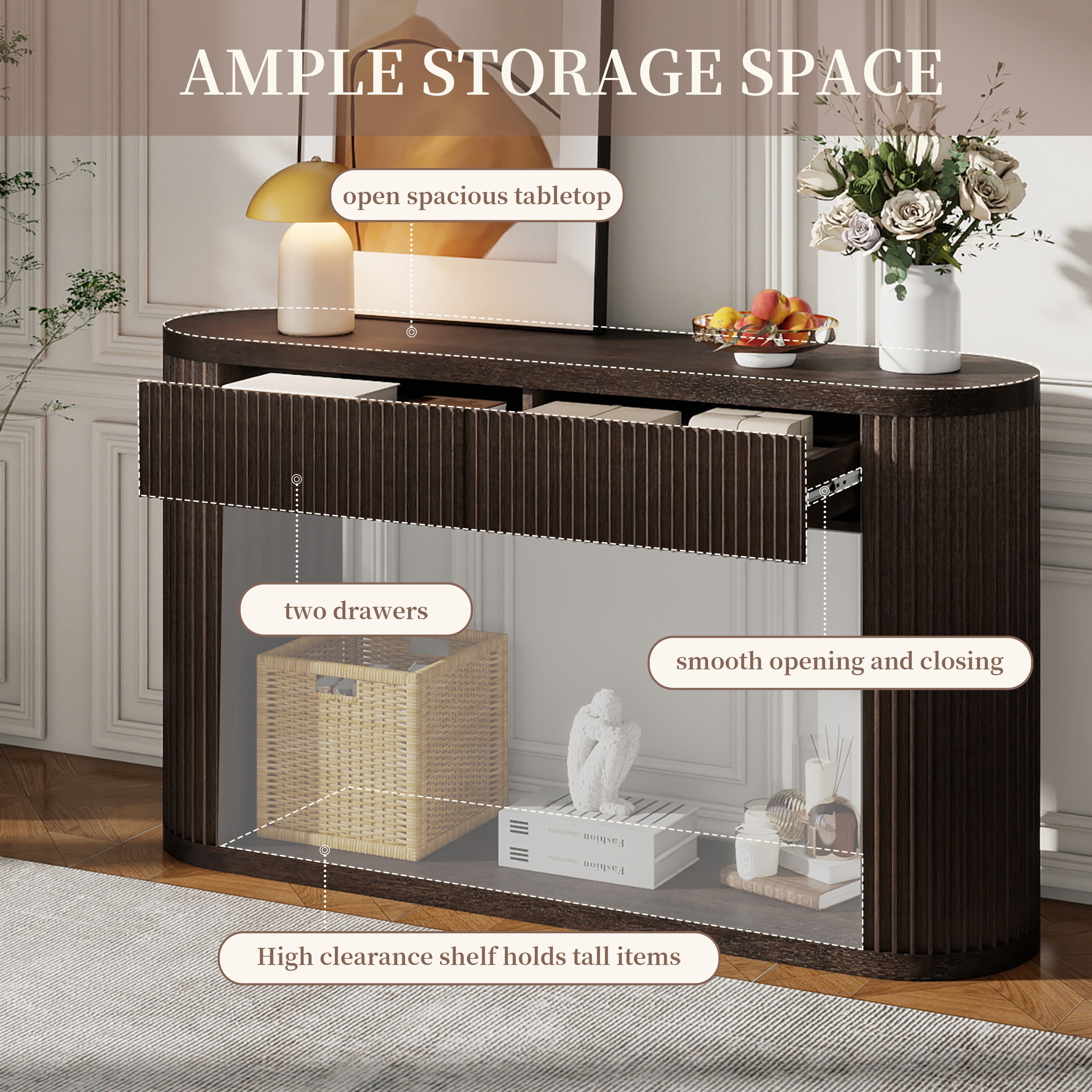 Oval Fluted Console Table with 2 Drawers and Bottom Shelf, Wood Entryway Table with Smooth Metal Slides for Living Room, Entryway