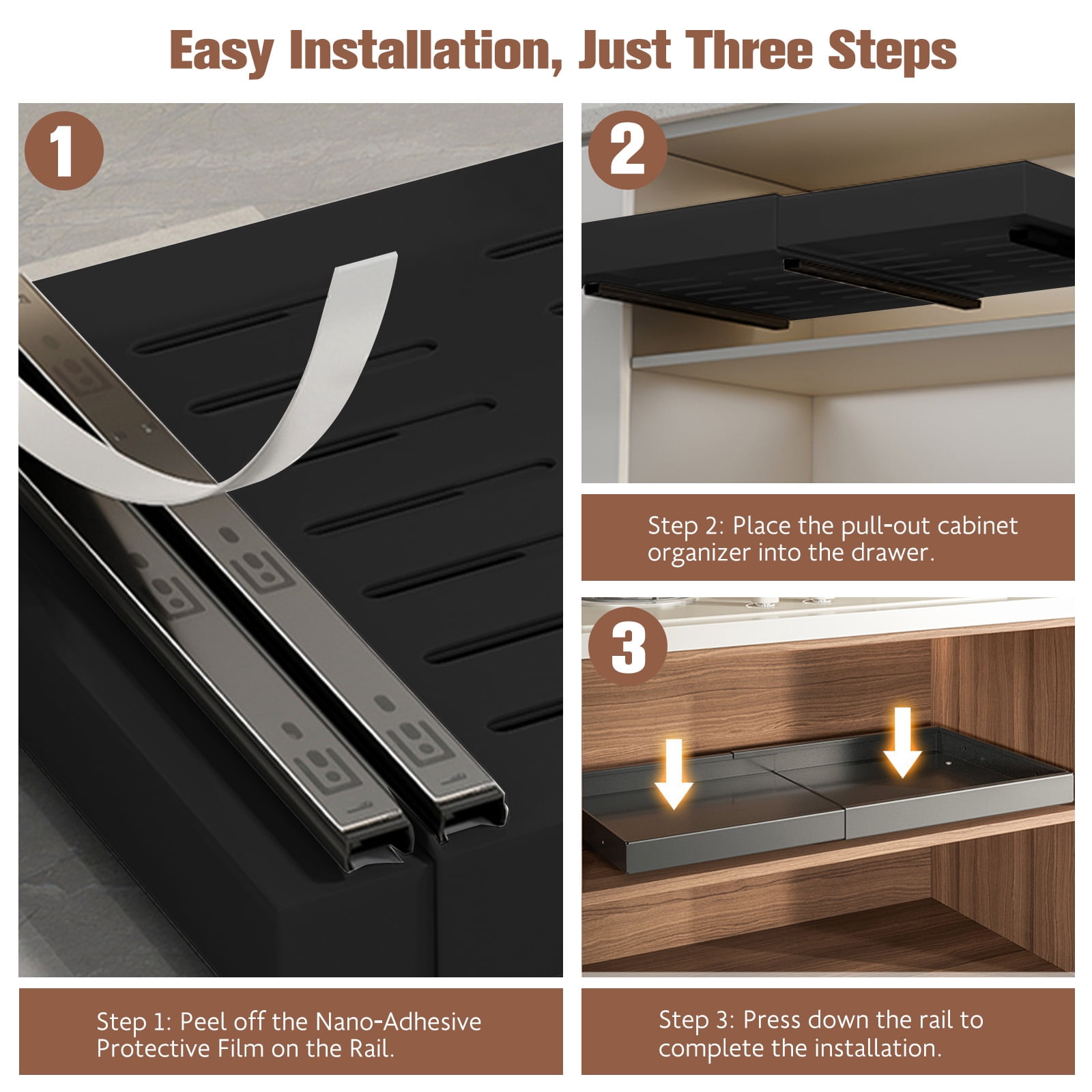 2PCS Expandable Pull-Out Cabinet Organizer with Adhesive Nano Film Fixed Slide out Drawers Under Sink Pull-Out Home Organizers Adjustable Length 12.5"-20.5" for Kitchen Cabinets(Black)