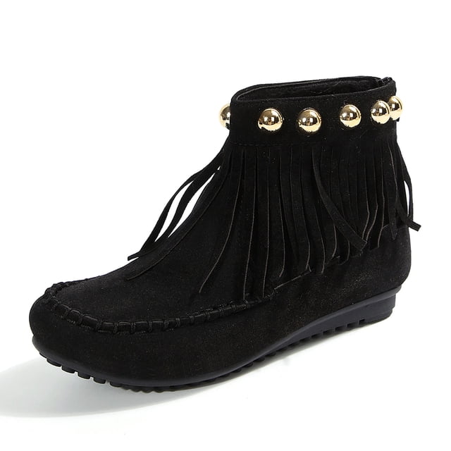WEAIXIMIUNG Bottes Noires Mode Femme Franges Fermeture Éclair Bottines Courtes Bout Rond Chaussures Plates
