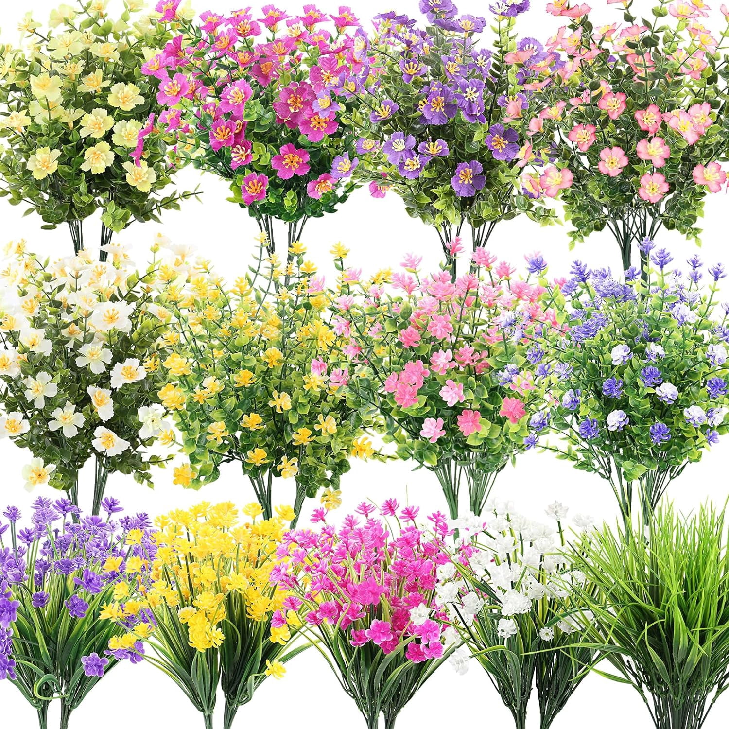 Artificial Flowers for Outdoor - UV Resistant Faux Flowers with Eucalyptus & Fake Lavender Greenery Plants for Indoor Garden Patio Porch Window Box Hanging Decor