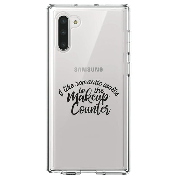 DistinctInk Clear Shockproof Hybrid Case for Samsung Galaxy Note 10 (6.3" Screen) - TPU Bumper Acrylic Back Tempered Glass Screen Protector - I Like Romantic Walks to the Makeup Counter