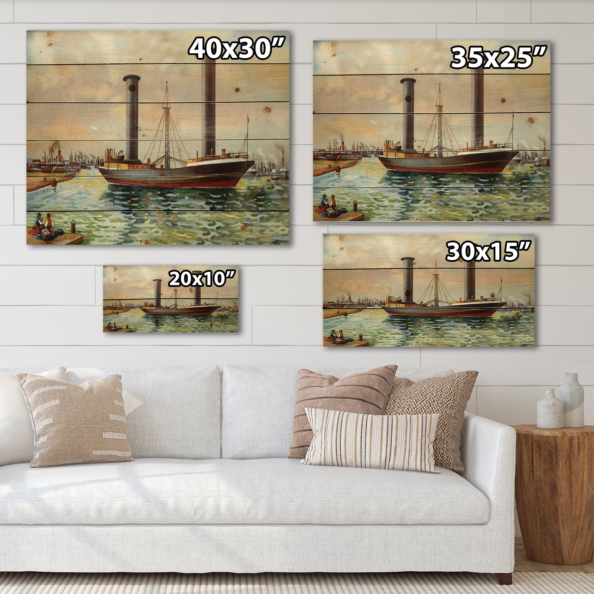Designart 'The Ancient Boat Leaving The Harbor' Nautical & Coastal Print on Natural Pine Wood