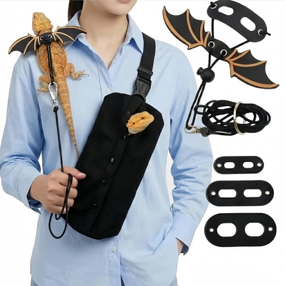 Adjustable Bearded Dragon Travel Set: Flannel Carrier Sling & Bat Wing Leash Harness with 3 Size Pads for Lizard Outdoor Walking