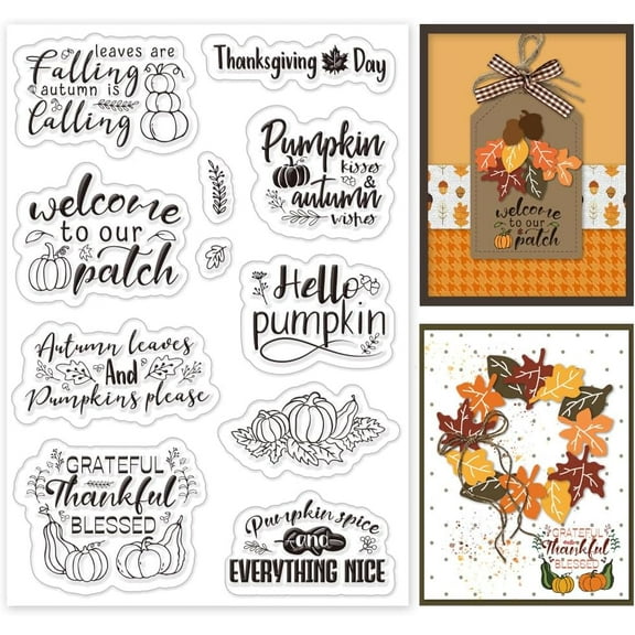 Thanksgiving Day Clear Stamps Card Making Hello Pumpkin Rubber Stamps Grateful Thankful Blessed Silicone Stamps 4.3x6.3 Transparent Stamps Holiday DIY Scrapbooking Photo Album Decor