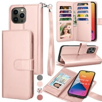 For Apple iPhone 14 Pro Max Wallet Case, EBIZCITY Luxury Cash Credit Card Slots Holder PU Leather Flip Cover [Detachable Magnetic TPU Case] & Kickstand & Wristlet Strap Cover -Rose Gold