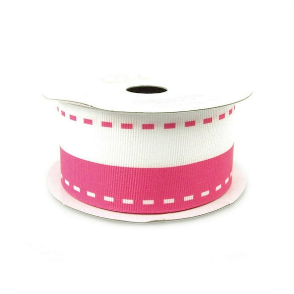 Saddle Stitch White Grosgrain Ribbon, 1-1/2-inch, 10-yard, Hot Pink
