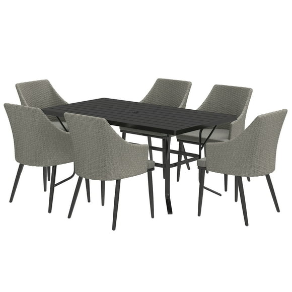 CoSoTower Ensemble de Mobilier de Patio en Osier à 7 Pcs avec Coussins, Trou pour Parapluie, Dessus de Table à Lattes, pour Cour Arrière, Véranda, Jardin, Balcon