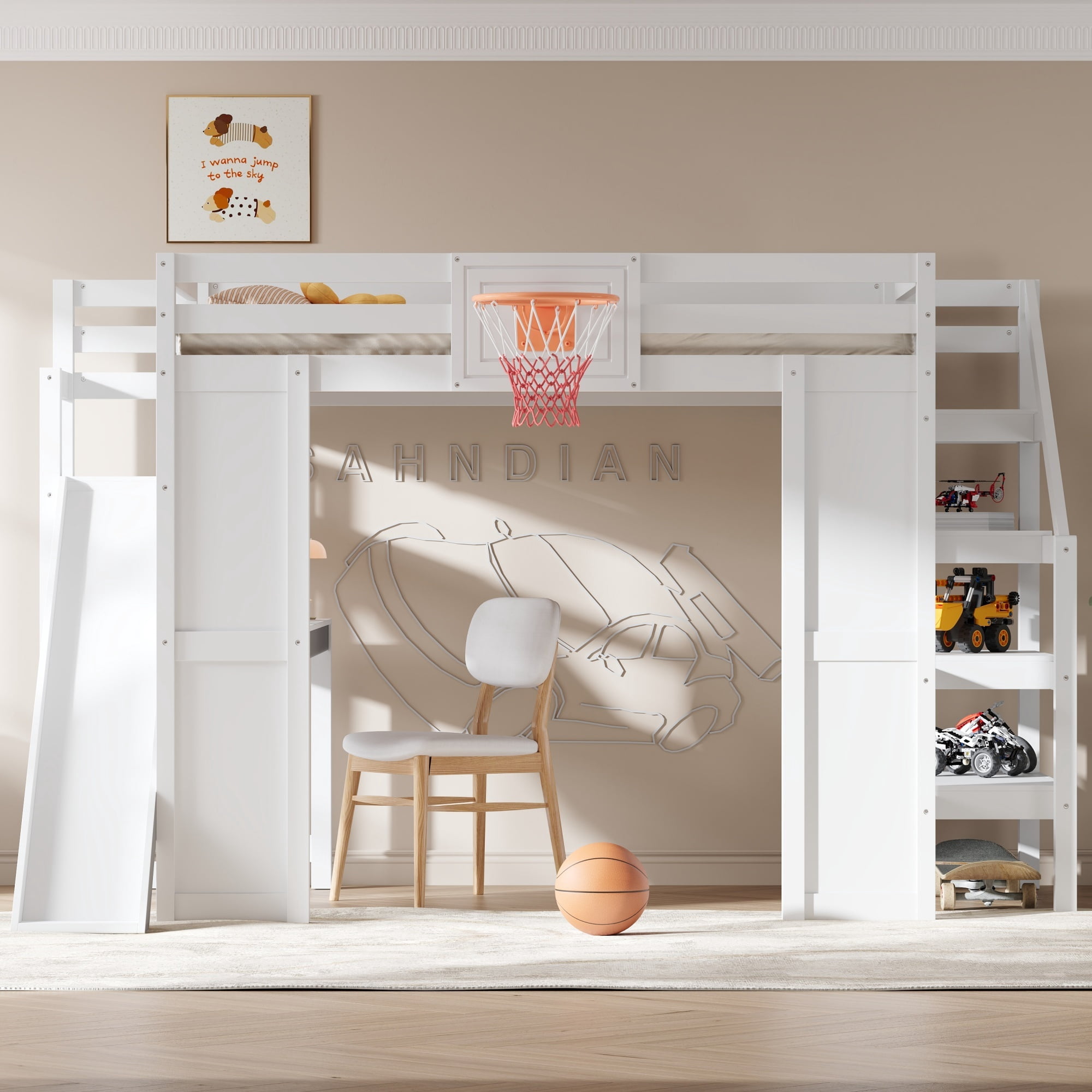 Euroco Wood Full Size Loft Bed with Desk and Shelves, Storage Bed with Basketball Hoop and Slide, White
