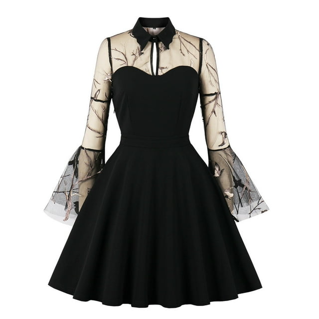 EGNMCR Robes de Soirée pour Femmes, Robes Formelles pour Femmes, Robes de Cocktail pour Femmes Mode pour Femmes Manches Évasées Col Rabattu Bouton Maille Uni Broderie Robe de Cocktail de Fête Robe Femme