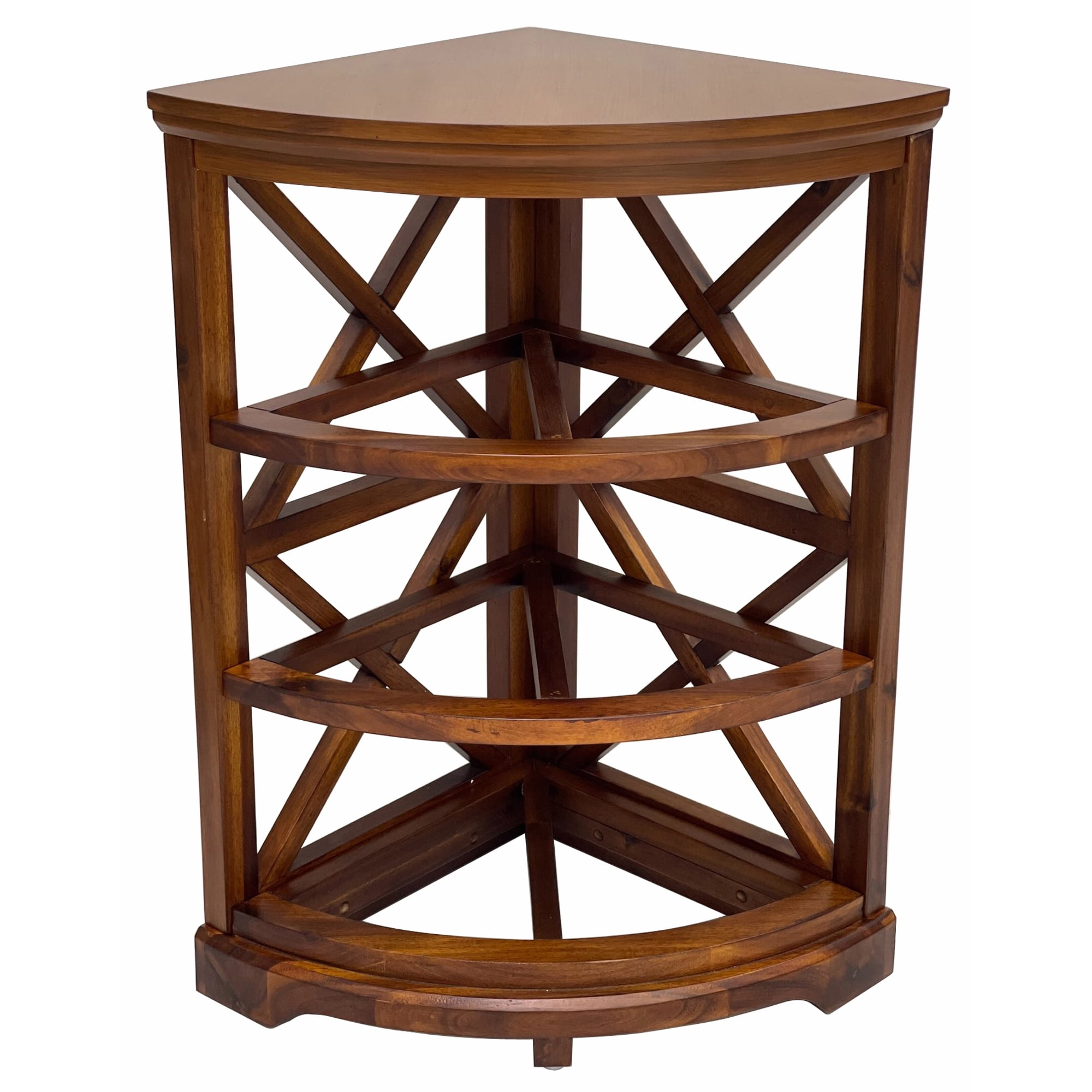 Hampton Meadows 3 Tier X-Side Corner Table Storage Cabinet with 3 Natural Water Hyacinth Wicker Baskets for Living Room, Walnut