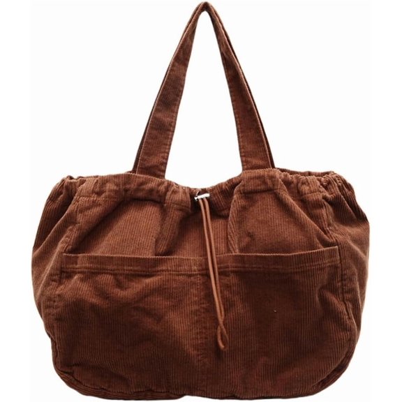 Corduroy Tote Bag for Women, Drawstring Multi-Pocket Casual Shoulder Handbag, Spacious Commute Daily Purse