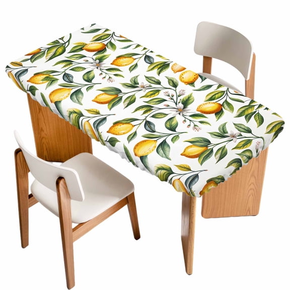 Summer Yellow Lemons Table Cloths for 5 Foot Rectangle Tables, Green Leaves Flowers Country Plants Patio Waterproof Elastic Fitted Tablecloths, Washable Rectangular Table Cover for Camping