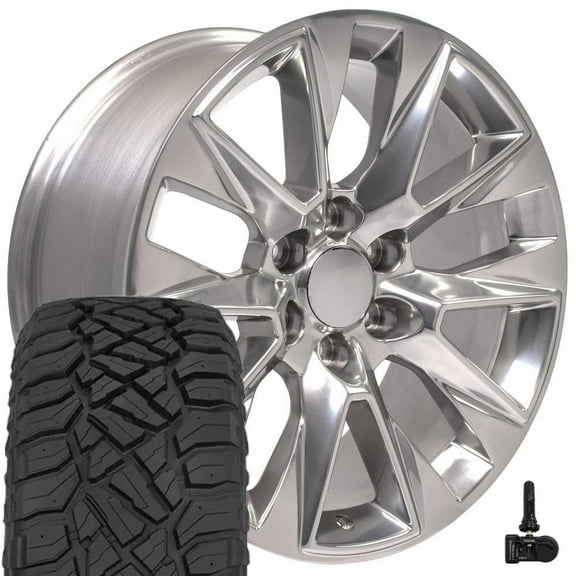 OE Wheels CV26 20 Inch Rims and Tires Fit Silverado 1500 LTZ Style 6x139.7 20x9 Polished - Hollander 5920 - TerraMax RT 275/55-20 (Set of 4)