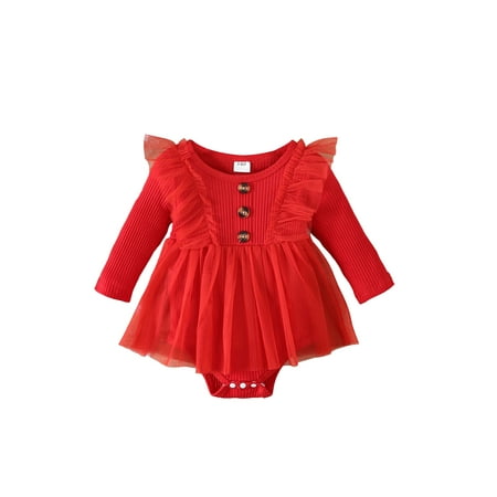 

Bslissey Baby Girls Solid Color Button Romper Dress Ruffles Long Sleeve Tulle A-line Skirt Patchwork Jumpsuit Infant Toddler Casual Princess Clothes 3M 6M 12M 18M 24M