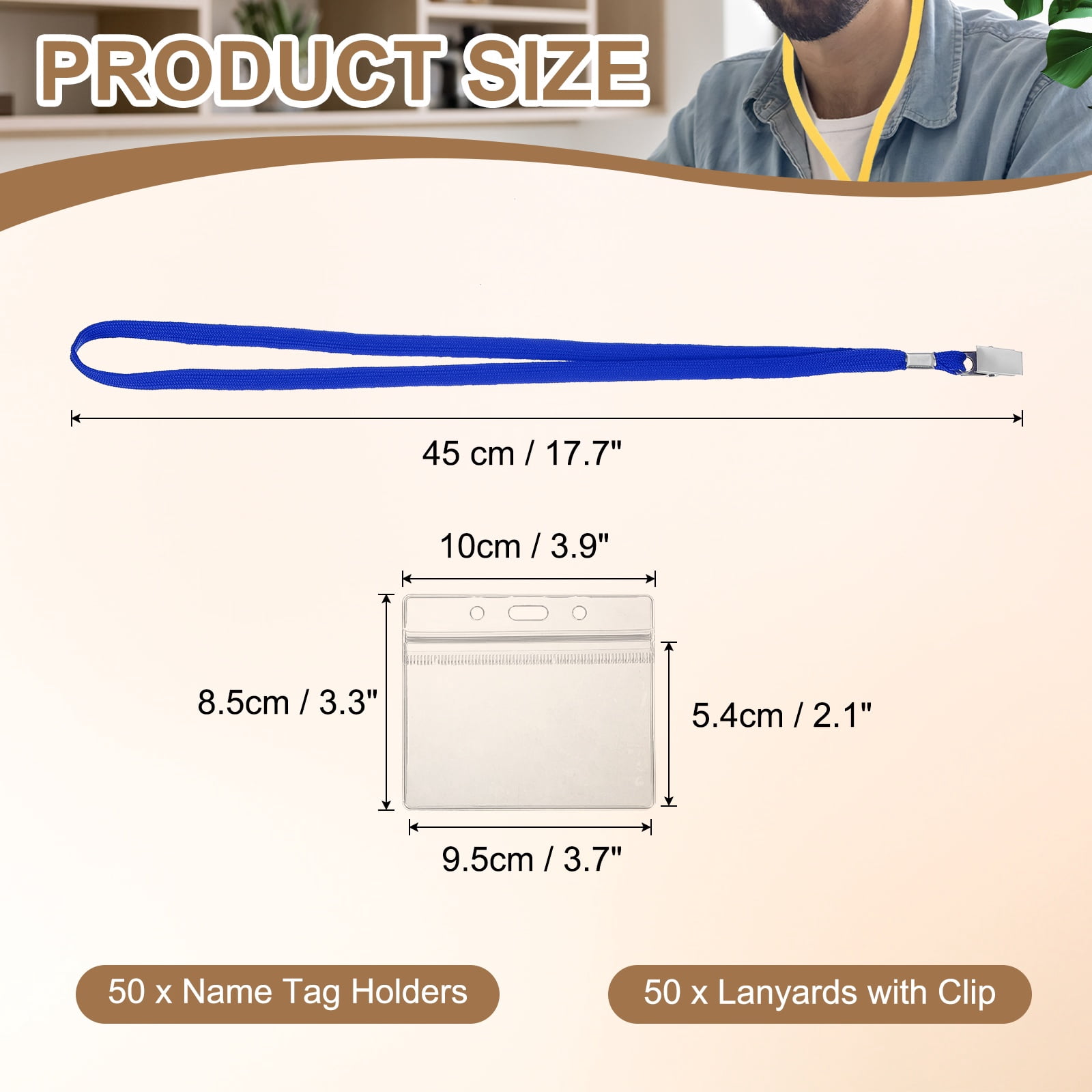 Uxcell 50 Set Name Tag Holders with Lanyard, Plastic Waterproof Horizontal Badge Holder with Alligator Clip Lanyards for ID Badges Office Teacher Events Meetings, Blue(4x2 Inch)