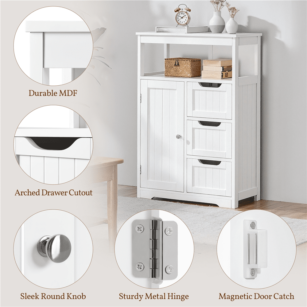 Alden Design Wooden Floor Cabinet Bathroom Storage Organizer Multiple Tiers Shelves Cabinet for Bedroom Bathroom Living Room Cabinet,White
