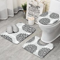 Gray Floral Pattern Bathroom Rugs Sets 3 Piece,Toilet Cover Set,Absorbent Non Slip Bathroom Mats Sets with U-Shaped Contour Rug Toilet Rug Set