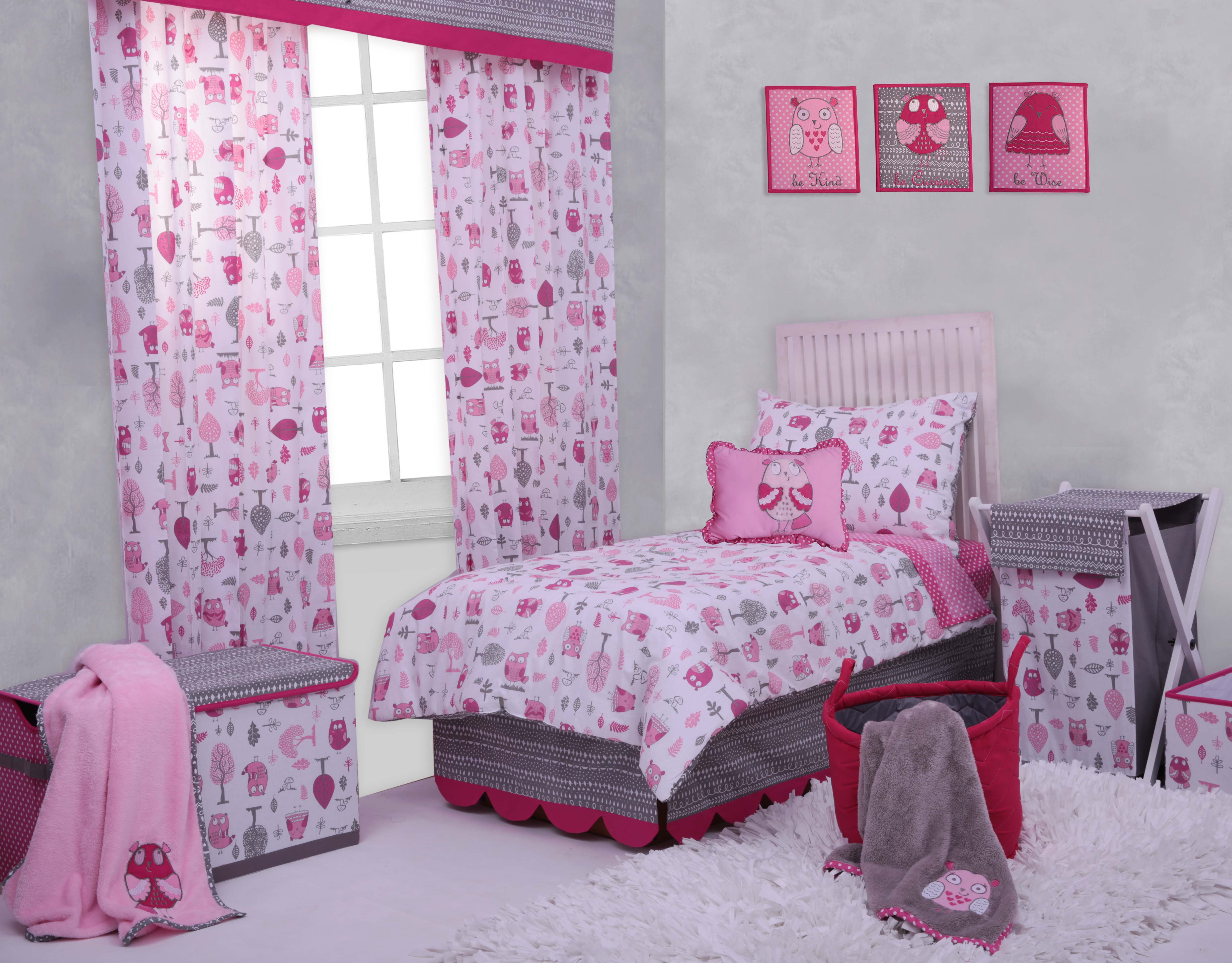 Bacati - Owls Pink/Grey Girls Cotton Toddler Sheet Set