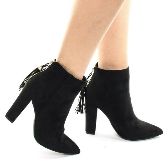 Bamboo Madam08 Women Pointy Toe Block Heel Dress Bootie Back Metal Chain Tassel Suede Ankle Boots 9