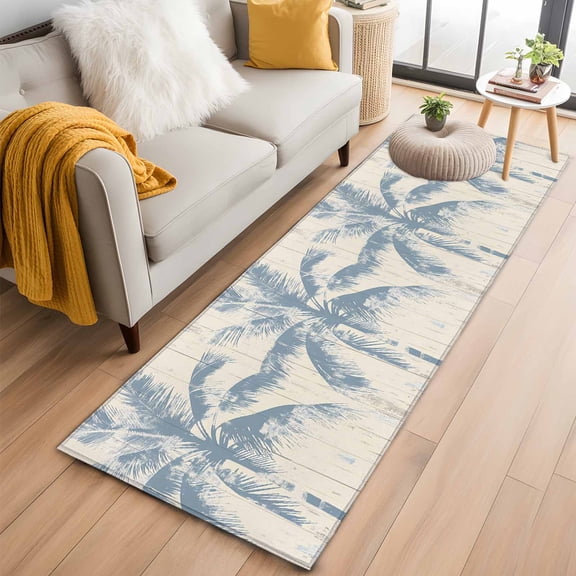Blue Palm Tree Kitchen Runner Rug 2x6 Washable Runners for Hallway Non Slip Coastal Summer Wooden Large Area Rug Indoor Floor Carpet for Bathroom Laundry Entryway Bedroom Living Room