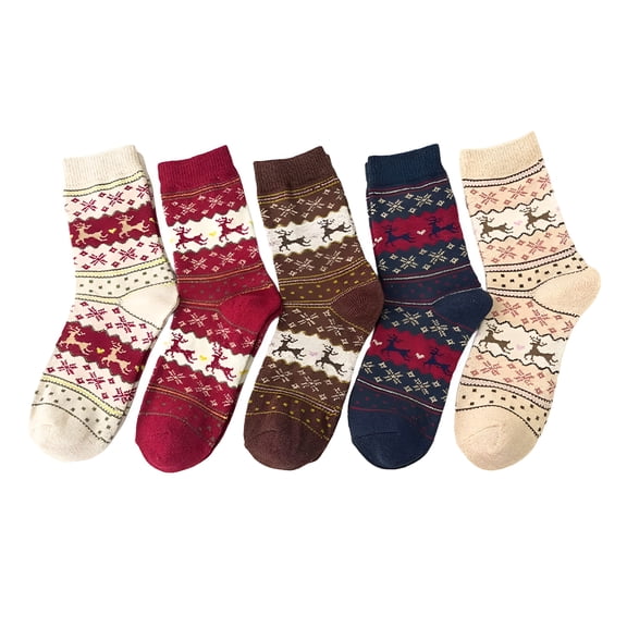 TELOLY 2026 New Womens Socks 5 Pairs Cute Crew Socks Set Cute Christmas Reindeer Print Winter Warm Cotton Novelty Xmas Holiday Crew Socks