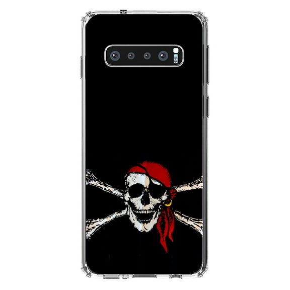 DistinctInk Clear Shockproof Hybrid Case for Samsung Galaxy S10 (6.1" Screen) - TPU Bumper, Acrylic Back, Tempered Glass Screen Protector - Black Red Pirate Flag