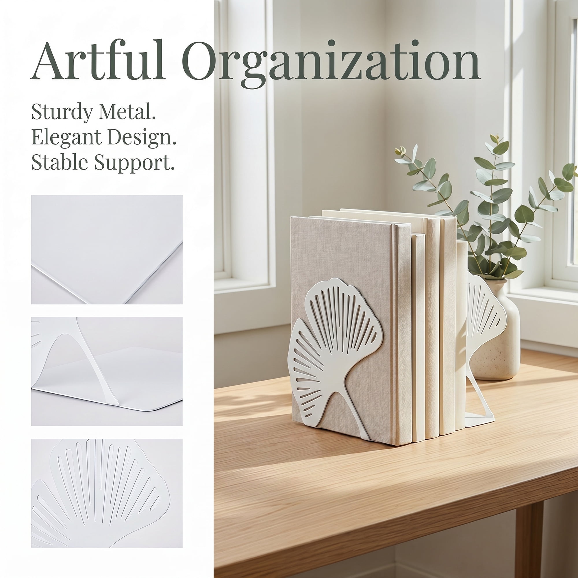 Unique Bargains Non-Skid Metal Bookends Leaf Design for Shelves White 4.9"x4.9"x4.9"