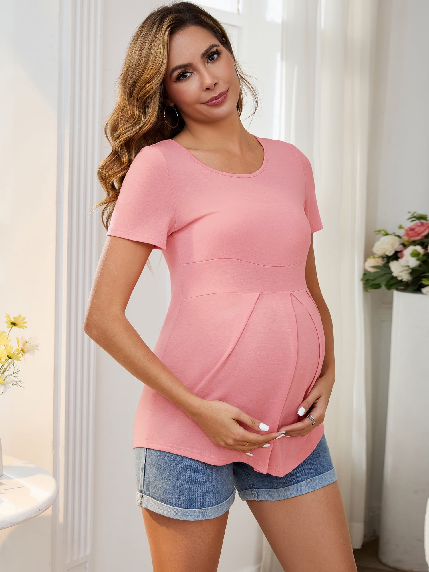 DARING DIVA Women's Short Sleeve Crew Neck Wrinkle Design Maternity Blouses XL Pink