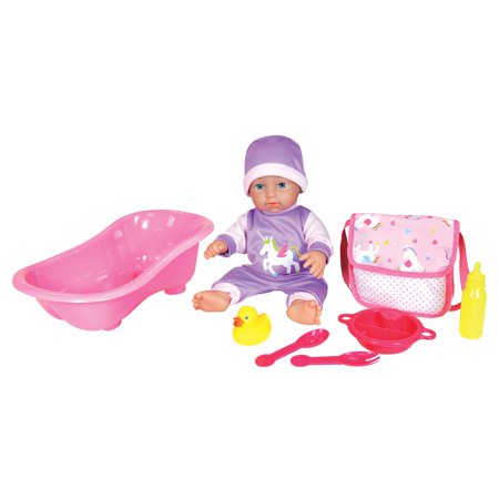 Lissi: 11" Bath Baby Doll Set - Pink-Purple-Unicorn Outfit & Hat, Bathtub & Rubber Duck, Handbag, Feeding Accessories, Hard Body, Kids-Toddlers 2+