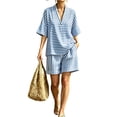 thumbnail image 2 of Cagogo Women Plus Size Striped 2 Piece Set V Neck Short Sleeve Blouse Shorts Casual Loose Boho Vacation Outfits Summer Cruise Travel Matching Lounge Clothes, Blue M, 2 of 6