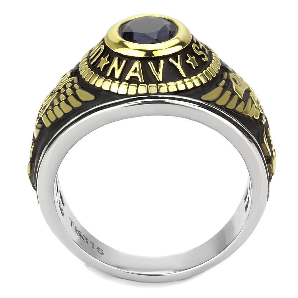 US Navy Ring for Men and Women Unisex Stainless Steel Military Patriotic Ring in Black Gold with Blue Stone