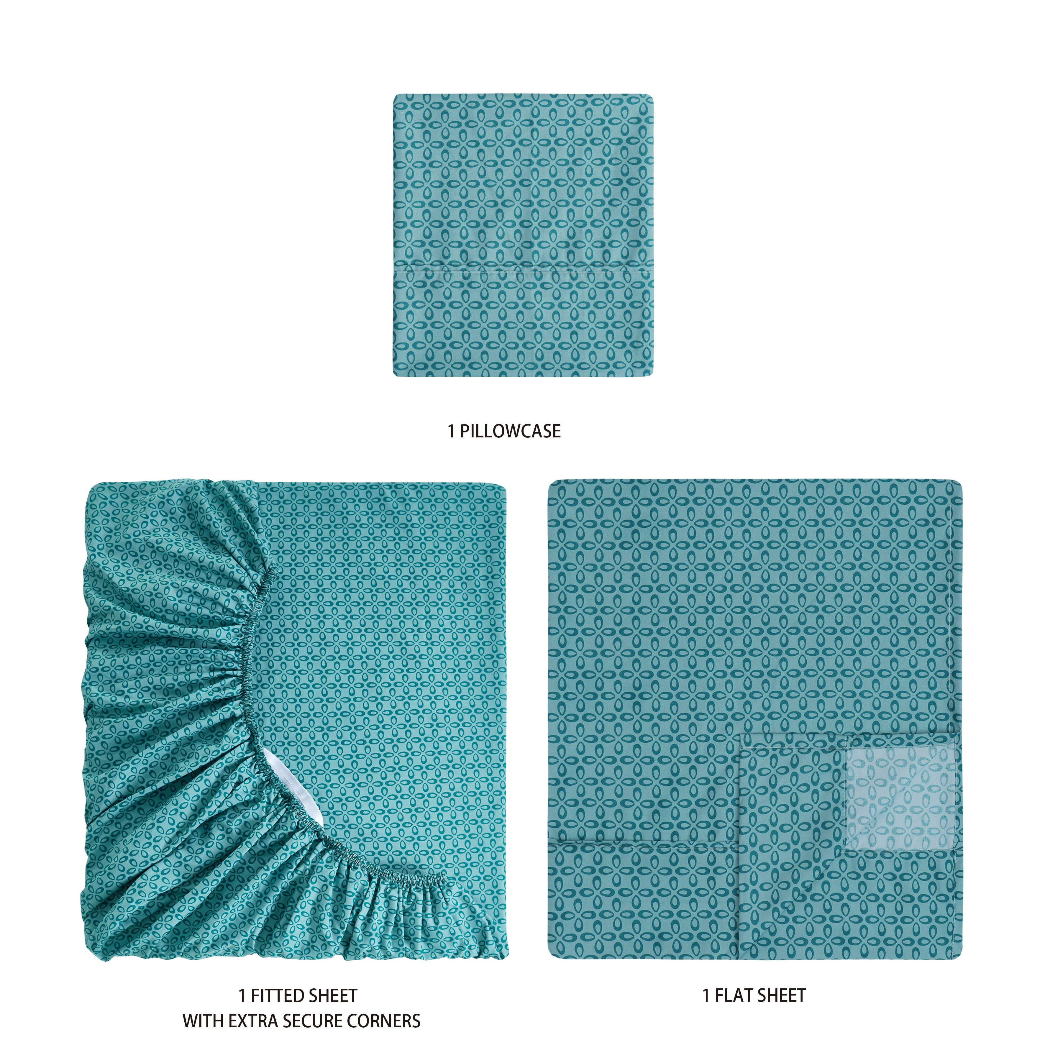 Mainstays Super Soft Brushed Microfiber Bed Sheet Set, Teal Medallion, Twin-XL, 3 Piece