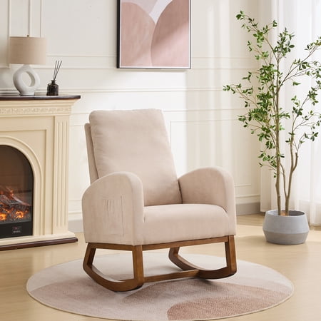 27.2"W Rocking Chair for Nursery, Polyester Glider Chair with High Back and Side Pocket, Rocking Accent Armchair with Rubber Wood Legs for Living Room/Bedroom.Beige