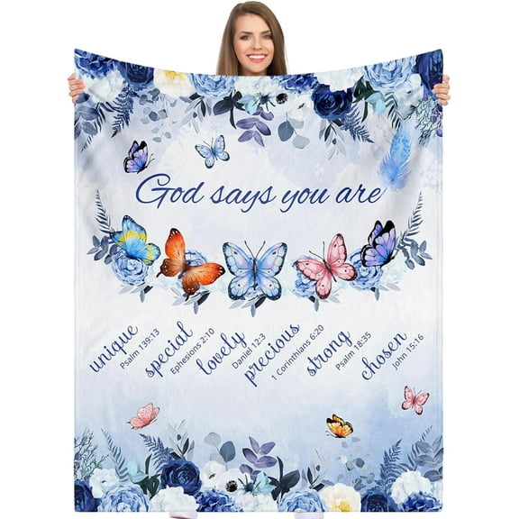 Christian Blanket for Women, Blue Rose Butterfly Ultra Soft Religious Gifts Blankets with Bible Verse and Inspirational Thoughts, Warm Plush Prayers Healing Throw Blankets, 60"x50"
