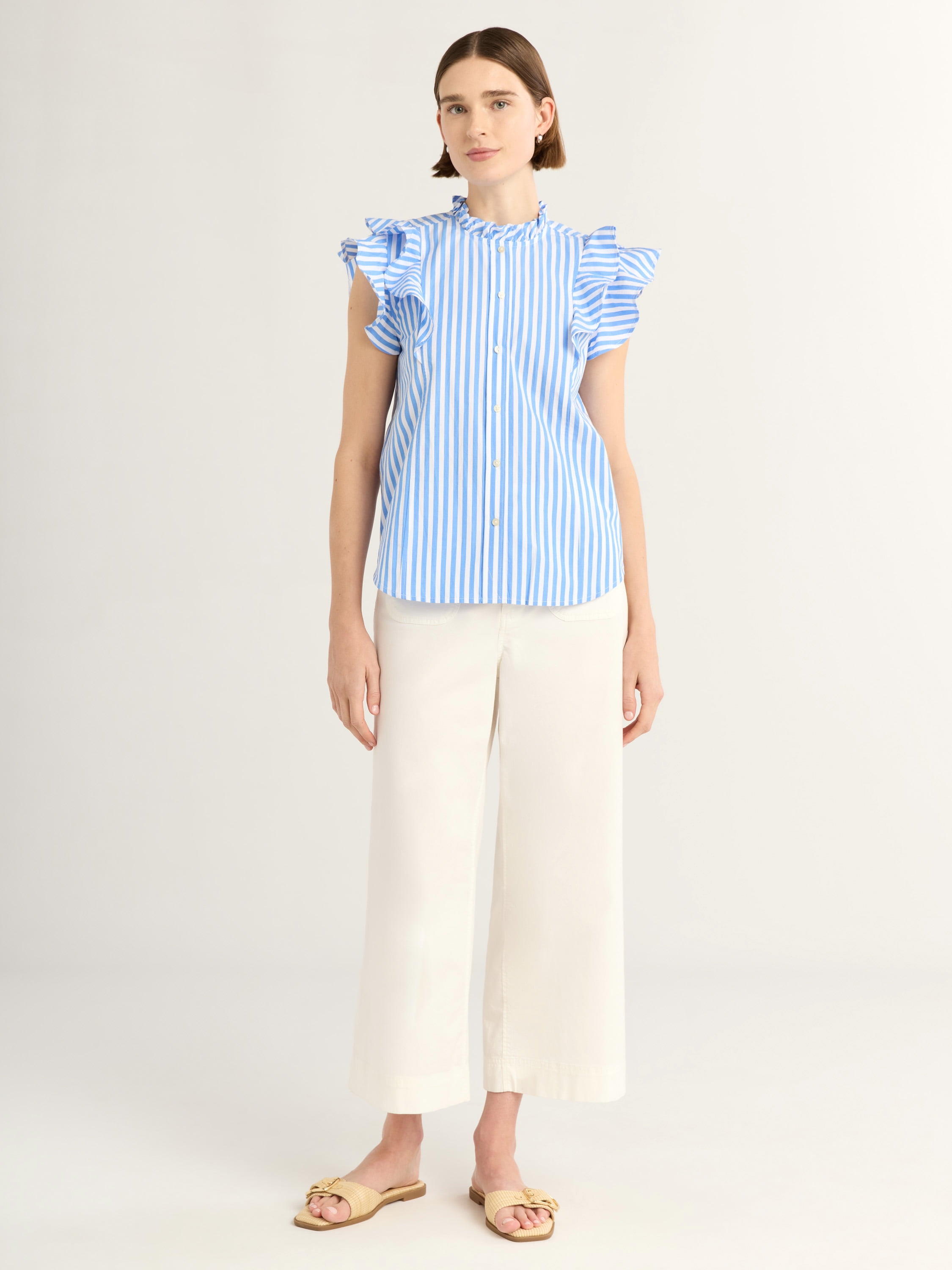 Free Assembly Women's Short Sleeve Button Ruffle Shirt