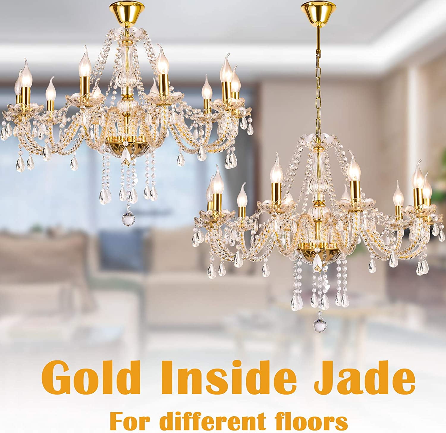 Datingday Gold Crystal Chandelier Lighting,10 Lights Chandeliers for Dining Room,K9 Crystal Pendant Ceiling Lamp,Modern Ceiling Light for Living Room Bedroom Hallway Entry,E12 Base(10 Lights)