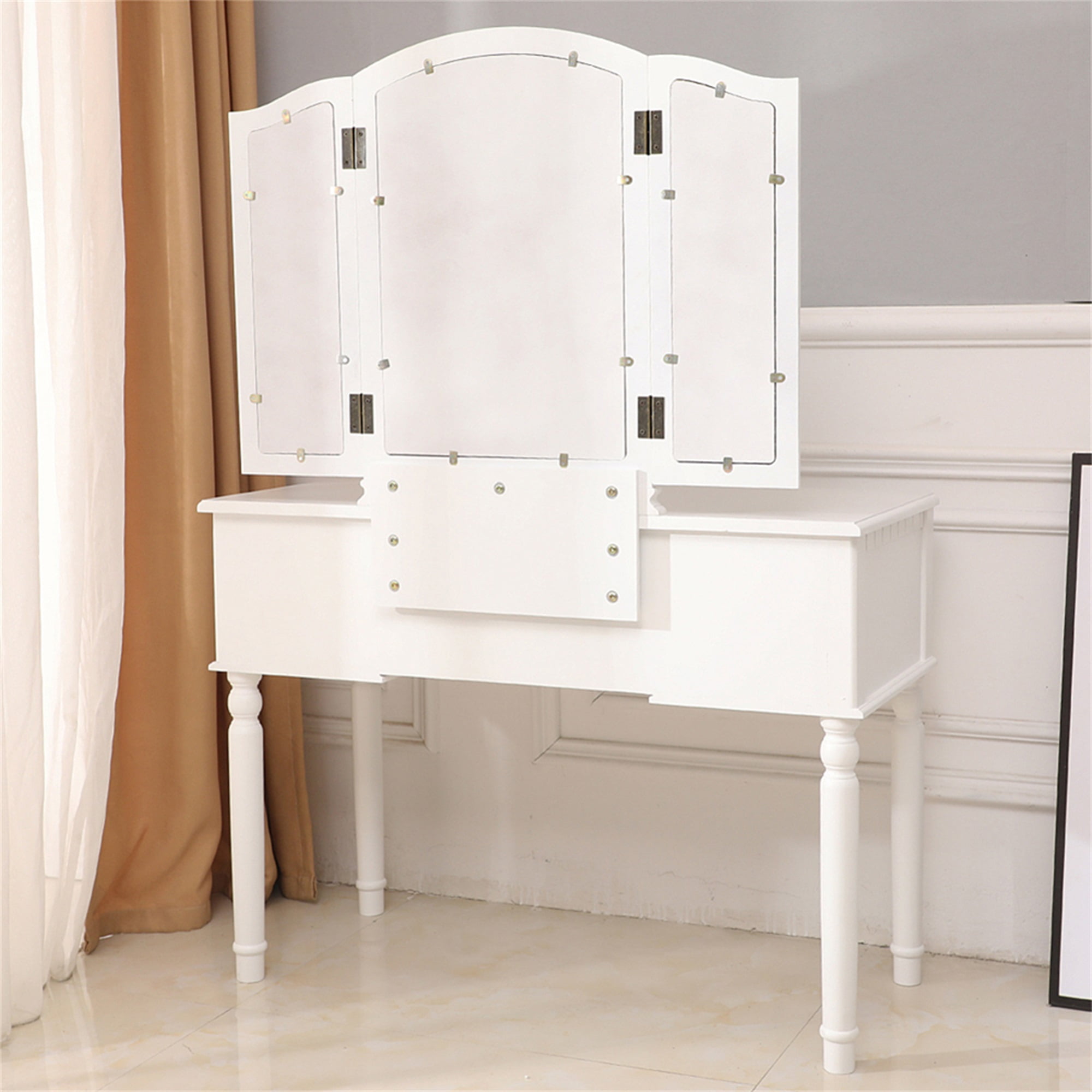 Kadyn Vanity Table and Chair Set, Vanity Set with Mirror and Stool with 3 Drawer, White