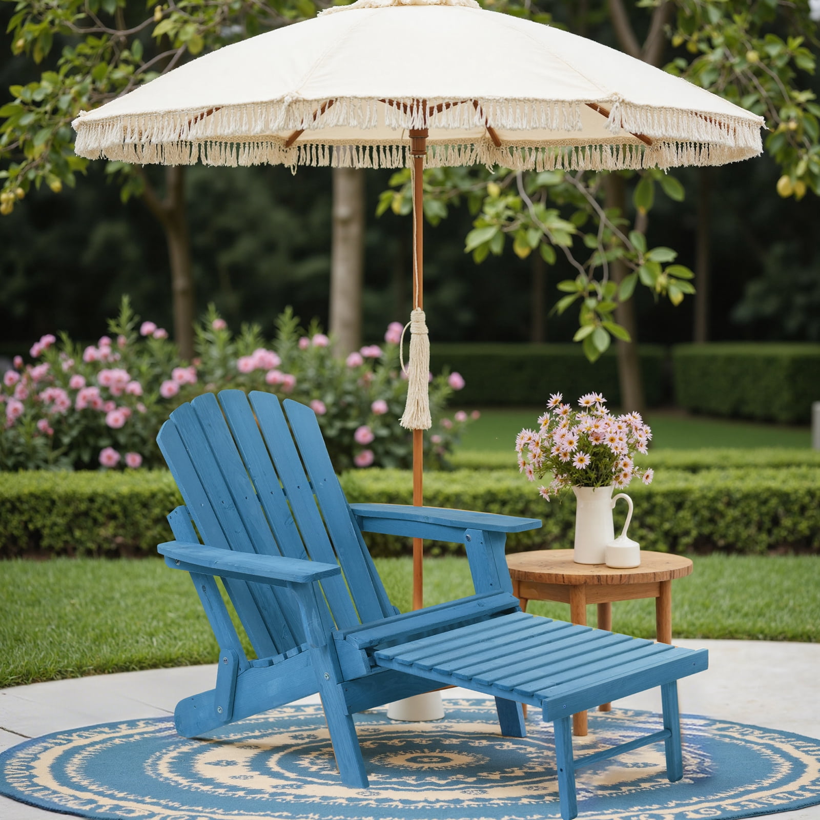 Easy4Home Larger Wooden Adirondack Chair Folding Patio Chair with Retractable Ottoman, Dark Blue