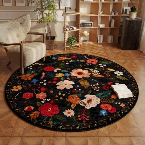 Rugcomf Round Rug 6ft Washable Circle Rug Non Slip Low Pile Boho Floral Small Circular Rug for Bedroom, Bathroom, Entryway, Kids Room, Office, Colleg