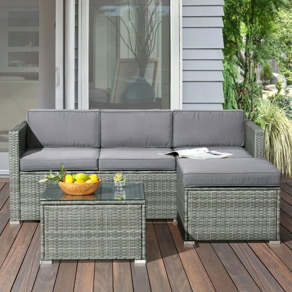 Lavish Home 3-Piece Cushioned Rattan Sectional Sofa Outdoor Patio Furniture Set, Gray