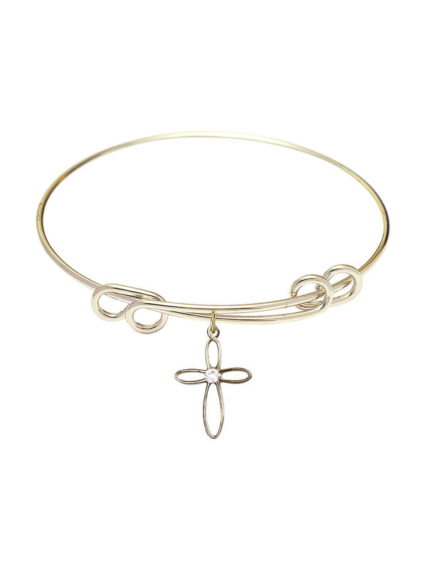 Crucifix Charm On A 8 1/2 Inch Round Double Loop Bangle Bracelet 