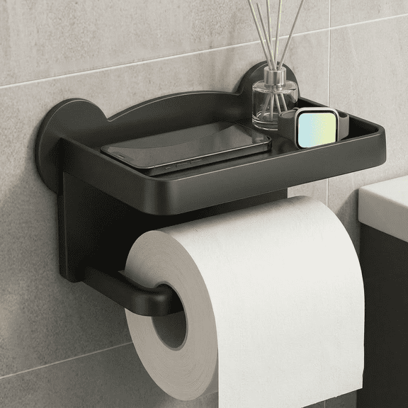 Freestanding Toilet Paper Holder Rustproof ABS Shelf with Phone Shelf - Wall Mountable Bathroom Toilet Paper Stand for Home Bathroom Kitchen Storage - 1 Pack with Accessories