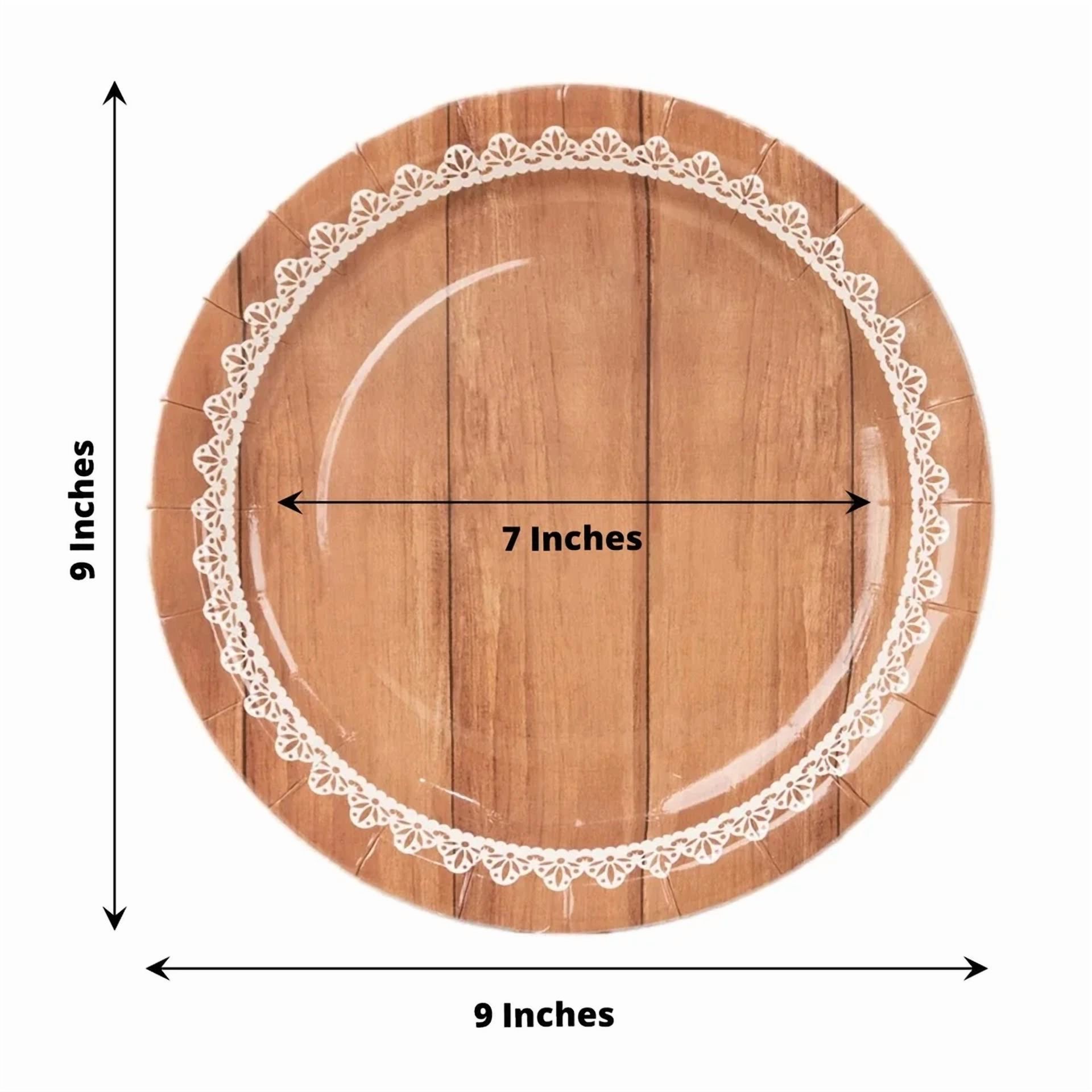 PRIME - 25 Brown 9 In Wood Print Floral Lace Disposable Salad Dinner Paper Plates Party